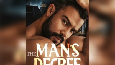 The Man's Decree novel cover shows a shirtless macho man