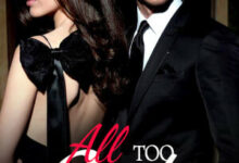 All Too Late novel cover shows a man in black suit and a lady in black dress