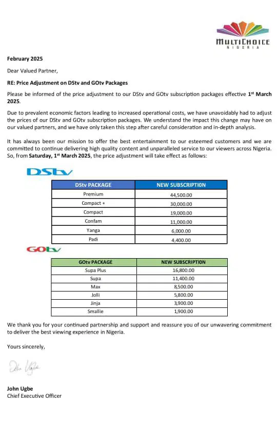 PRICE HIKE: Multichoice Announces New Prices For DStv And GOtv Packages